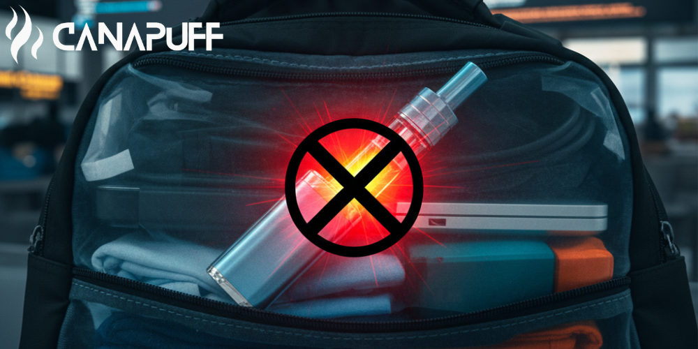 Canapuff vape devices in travel bag with prohibition symbol overlay