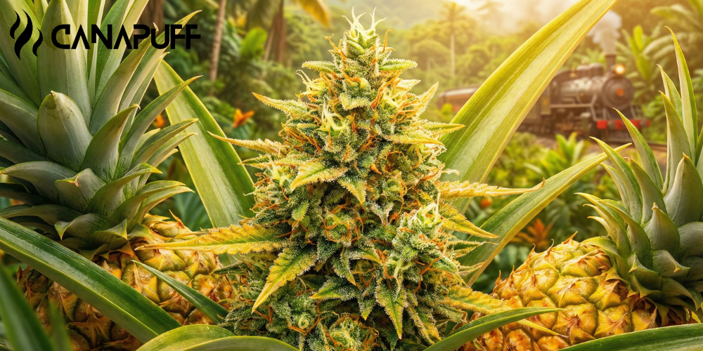 Pineapple Express cannabis strain flowering among pineapple plants in a tropical garden setting