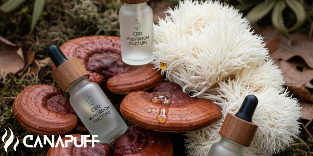 Canapuff CBD mushroom tincture bottles surrounded by reishi and lion's mane mushrooms