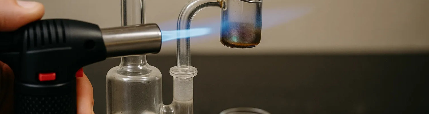 Asmuo, naudojantis dab rig įkvėpti Cannabis koncentratą, stambiu planu jaukioje namų aplinkoje.