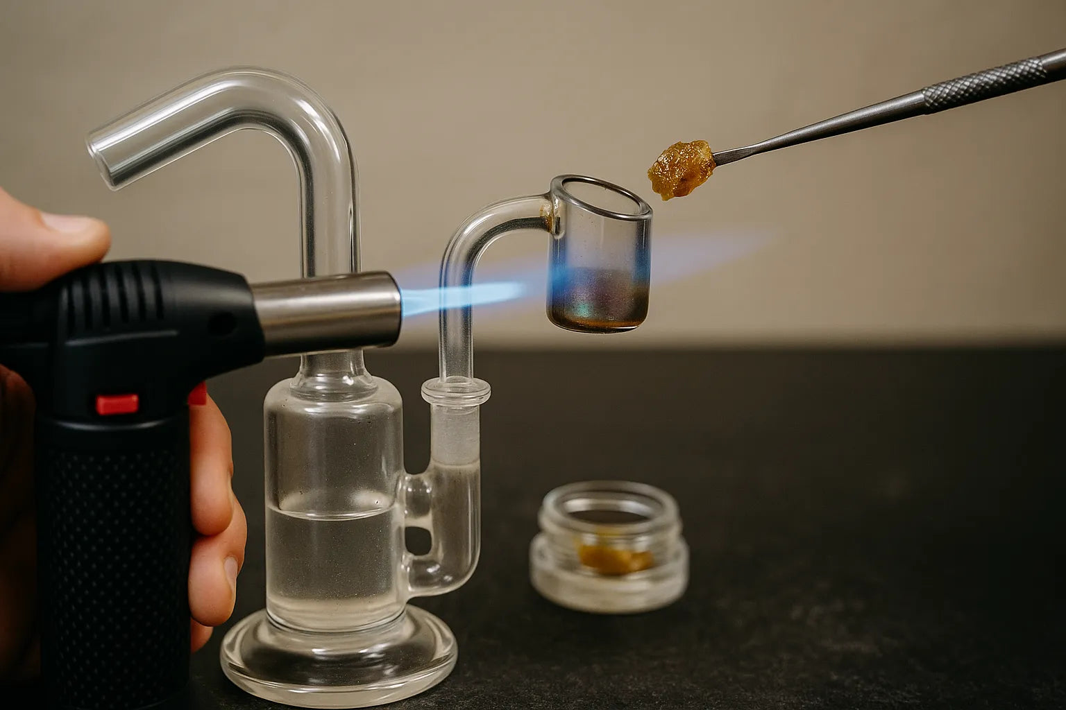 Asmuo, naudojantis dab rig įkvėpti Cannabis koncentratą, stambiu planu jaukioje namų aplinkoje.