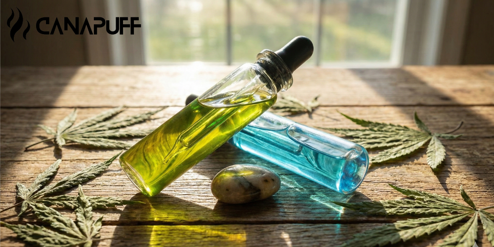 Canapuff oil tinctures and cannabis leaves on wooden table by window
