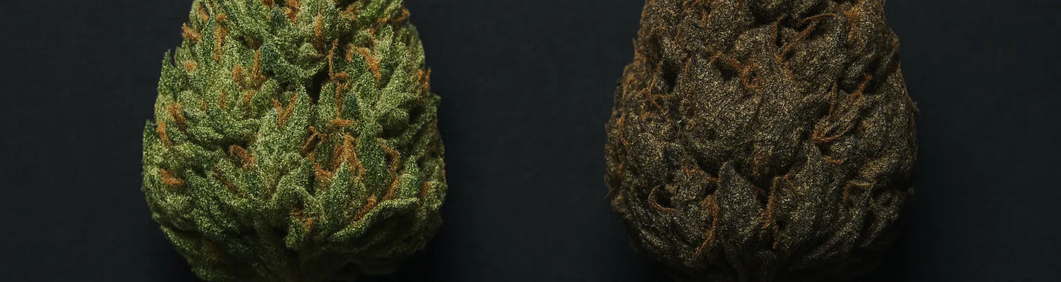Natūralios Cannabis žiedas ir PGR žiedas palyginimas šalia vienas kito