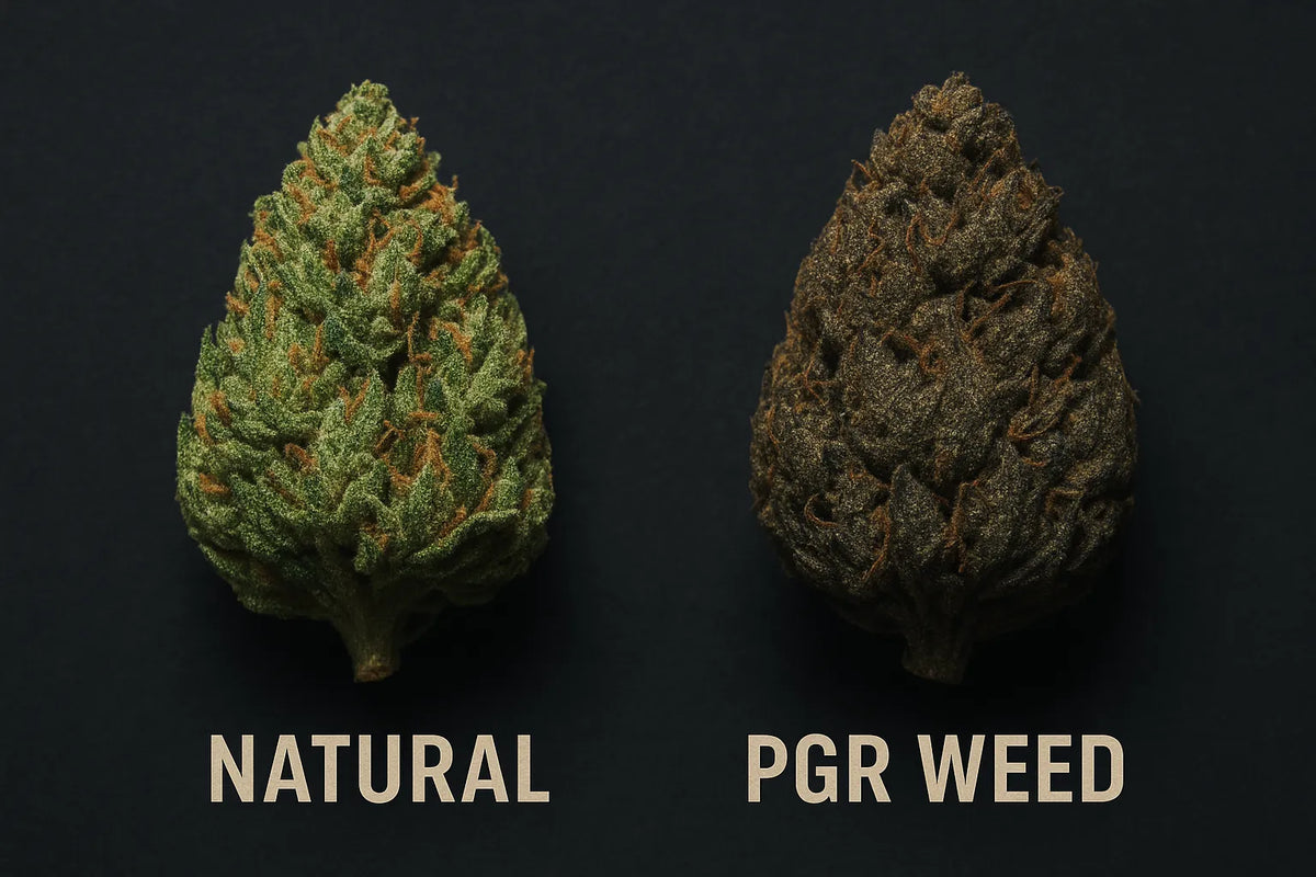 Porównanie naturalnego kwiatu Cannabis i kwiatu Cannabis uprawianego z PGR obok siebie