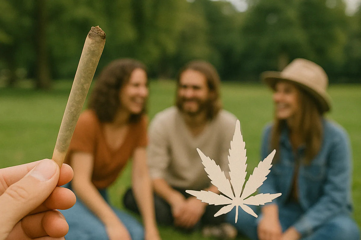 Egy kéz egy cannabis jointot tart egy baráti társaság előtt, akik a parkban a fűben ülnek.
