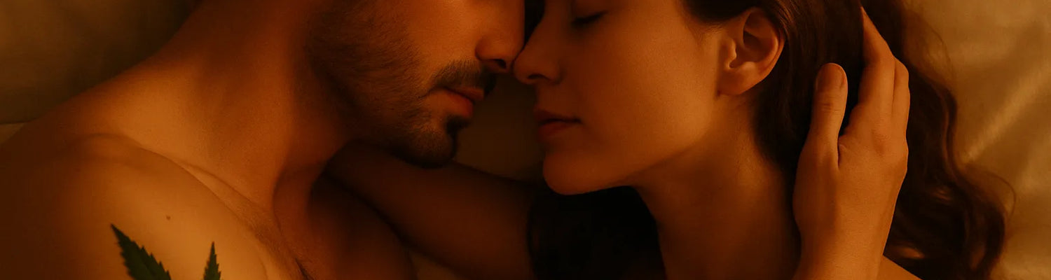 Coppia sdraiata vicina a letto con luce calda e una foglia di Cannabis nella scena
