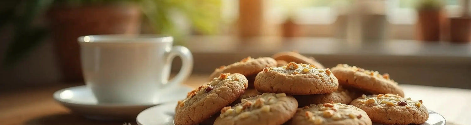CBD Cookies serverd on a plate with a cup coffe