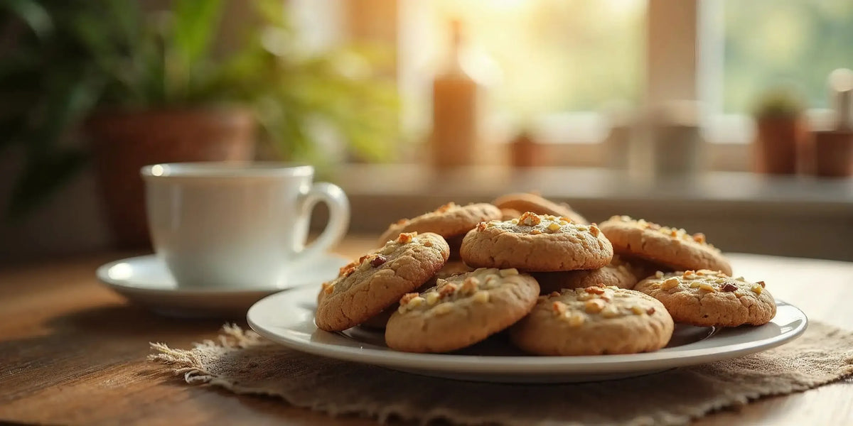 CBD Cookies egy tányéron, egy csésze kávéval tálalva