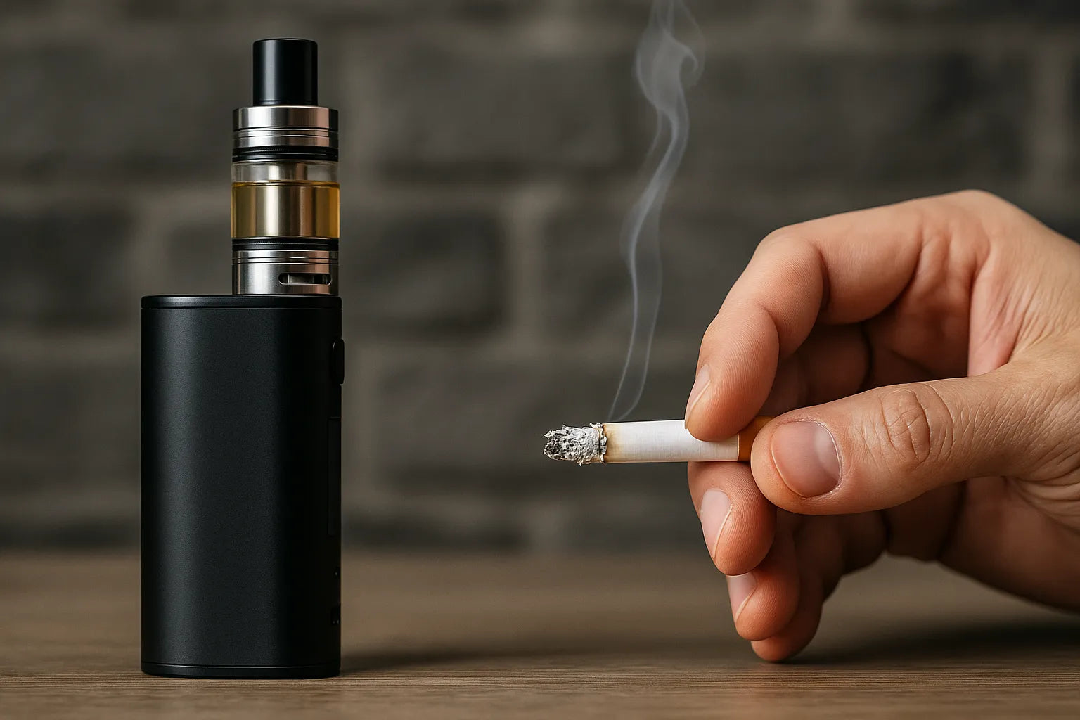 Šalia padėto vape įrenginio ir rankos, laikančios uždegtą cigaretę, nuotrauka ant medinio stalo