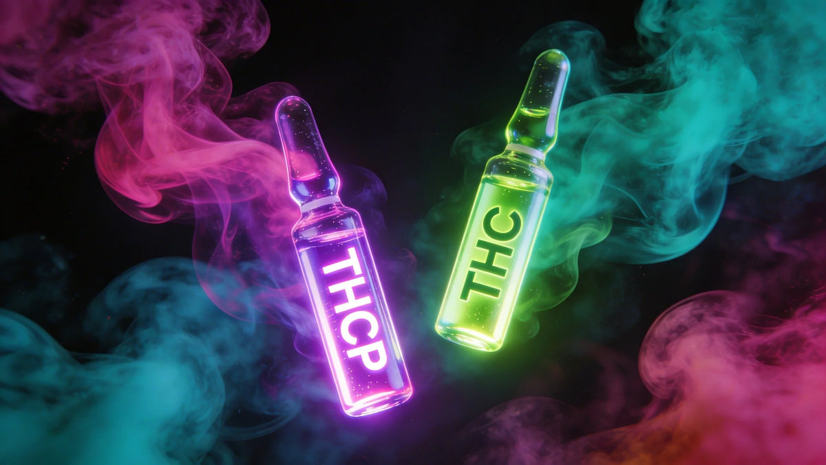 THCP vs THC comparison — two neon-lit vials showing the potency difference between THCP and THC cannabinoids