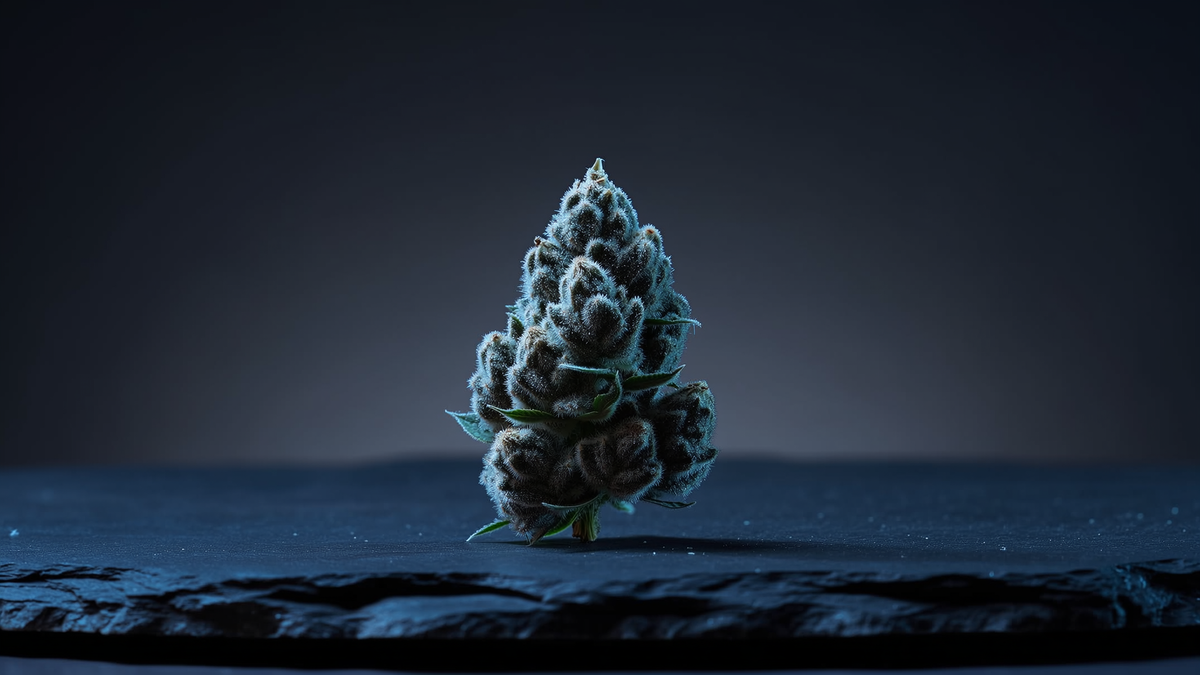 A frosted cannabis flower bud stands on a dark slate surface against a blurred blue-grey background.