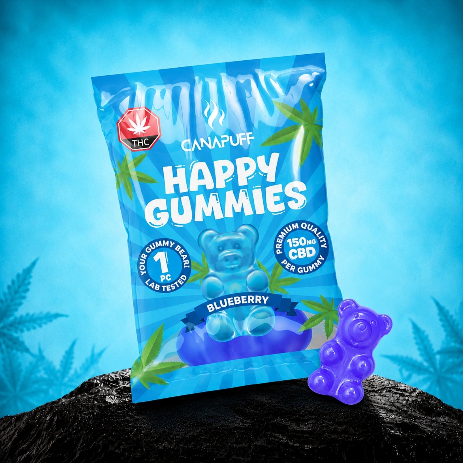 Canapuff CBD Gummies Blueberry, 150mg CBD per gummy, sour gummy bear pouch