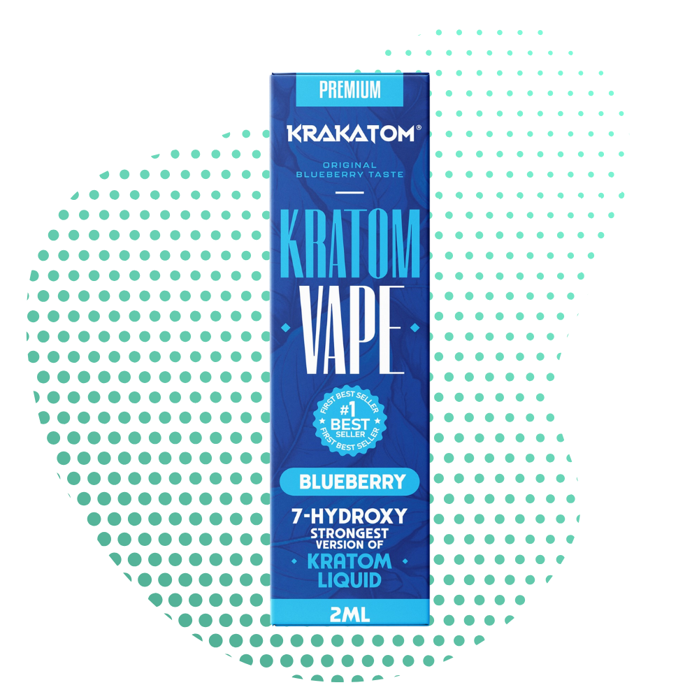 Blauwe Kratom vape verpakking met blauwe bessen smaak tekst.