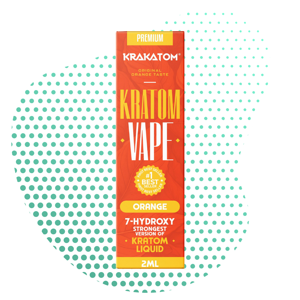 Blue Kratom vape pakuotė su oranžinio skonio tekstu.