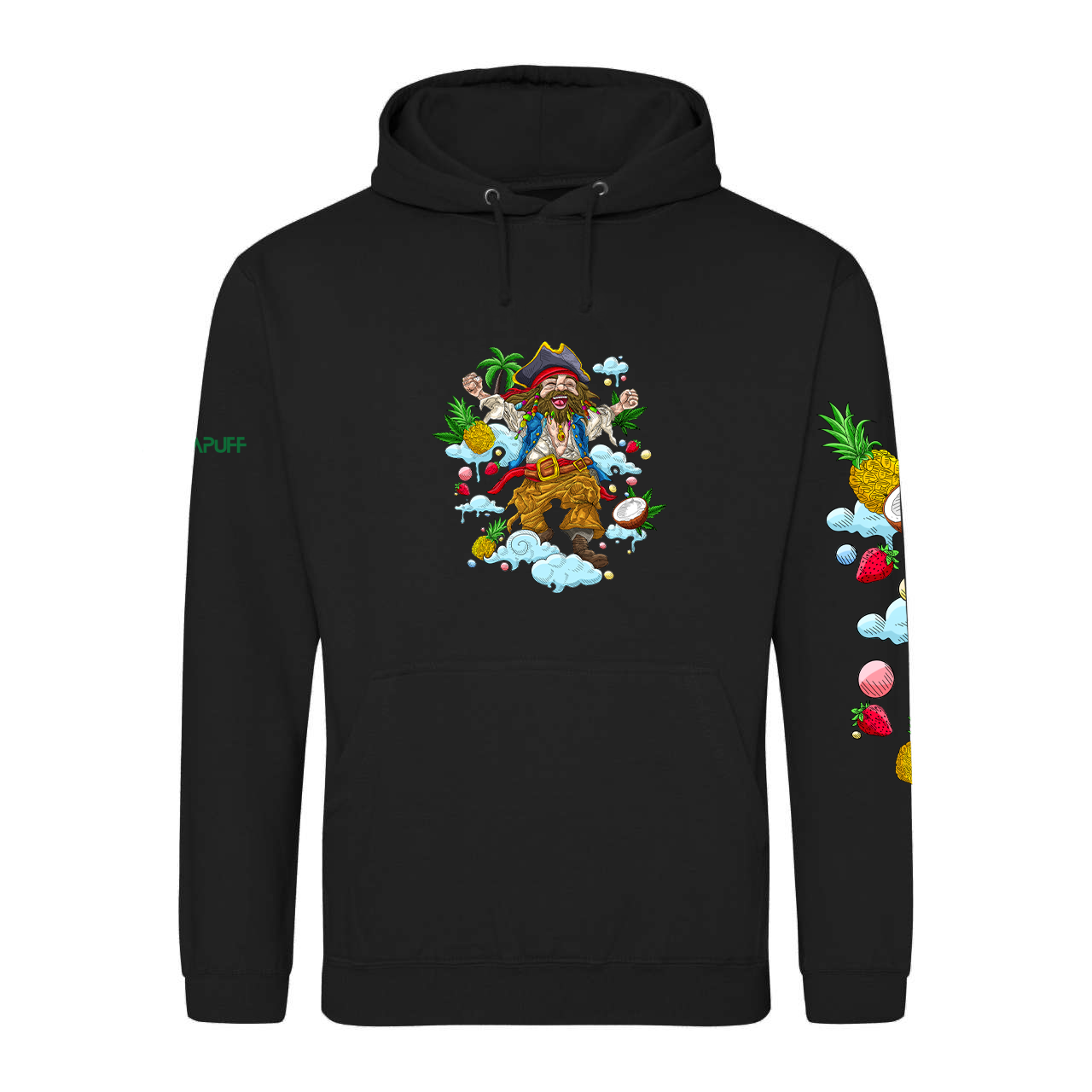 Zwarte hoodie met piraten-cartoon en tropische elementen