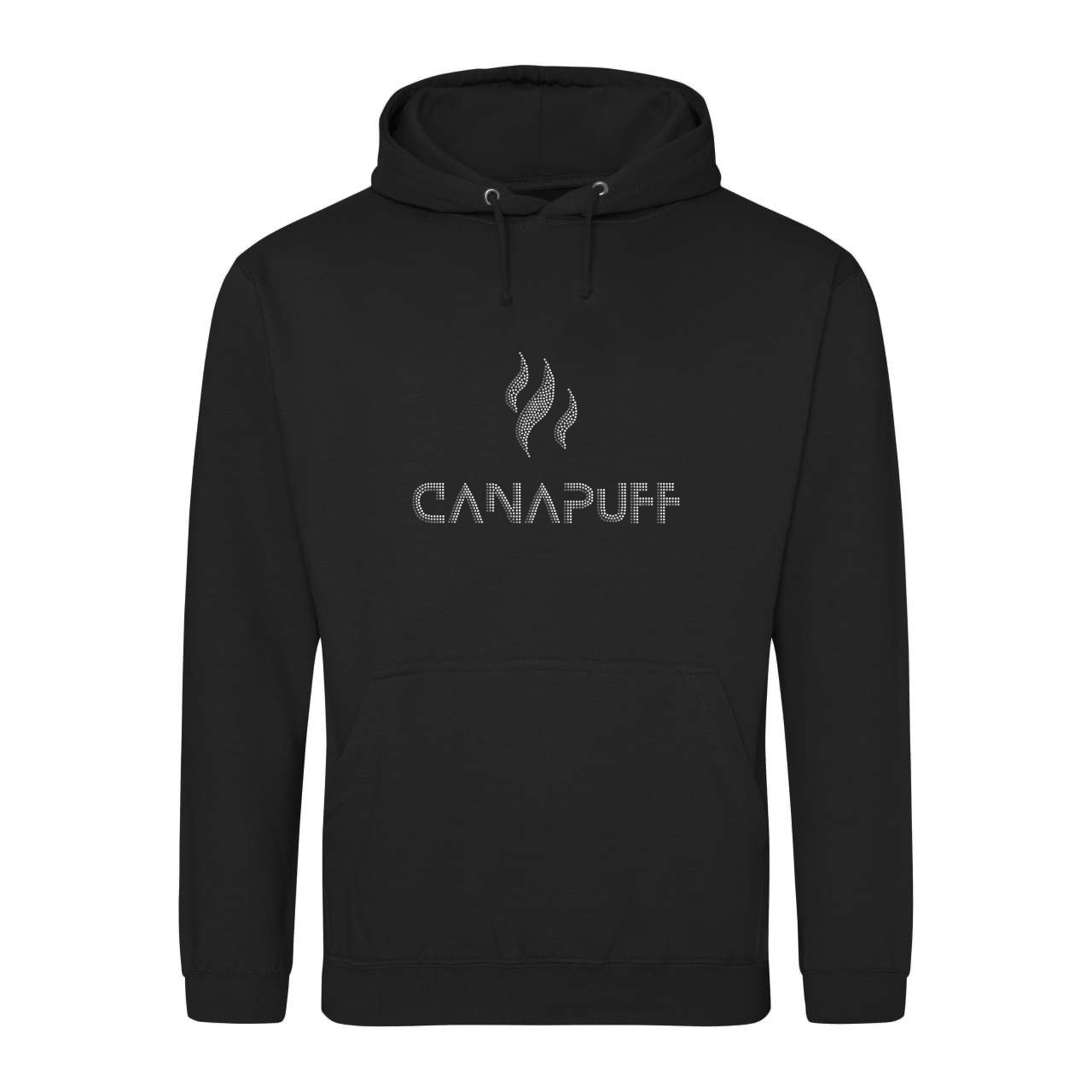 Černá mikina s kapucí s šedým nápisem "canapuff" uprostřed hrudi