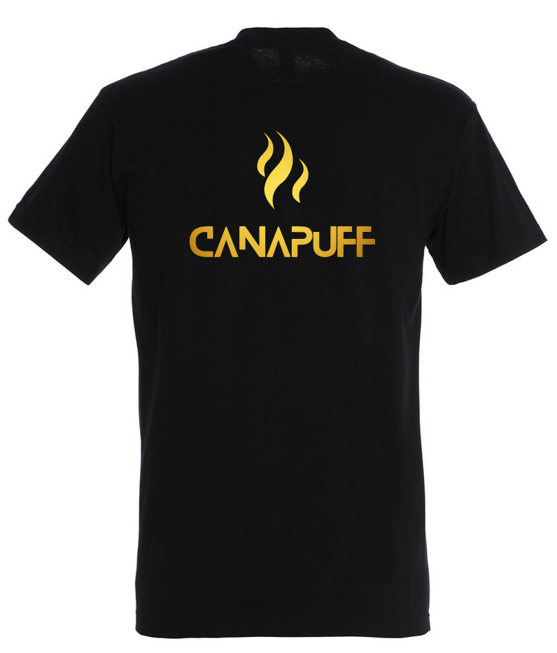 T-shirt Canapuff nera con scritta dorata "canapuff"
