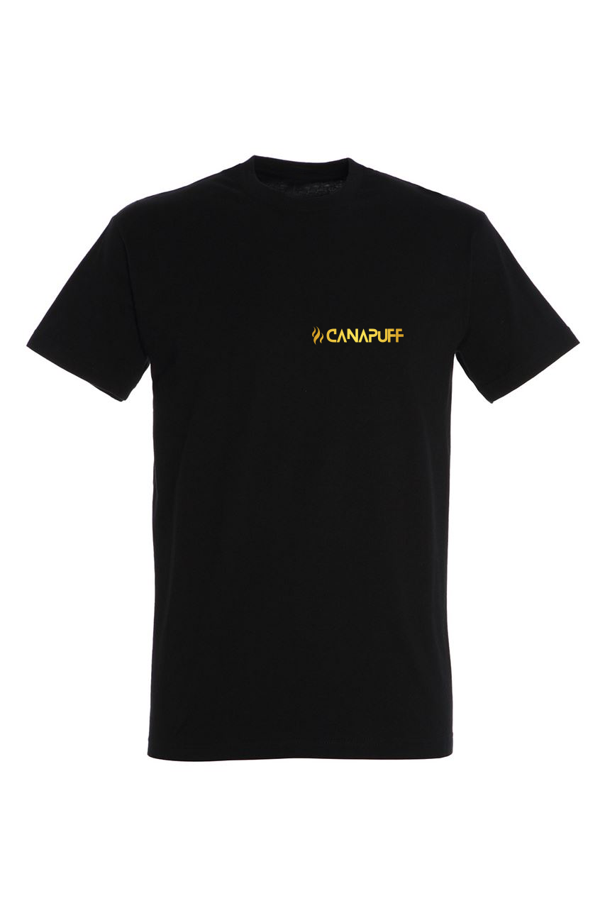 Camiseta negra con pequeño logo de Canapuff en el pecho