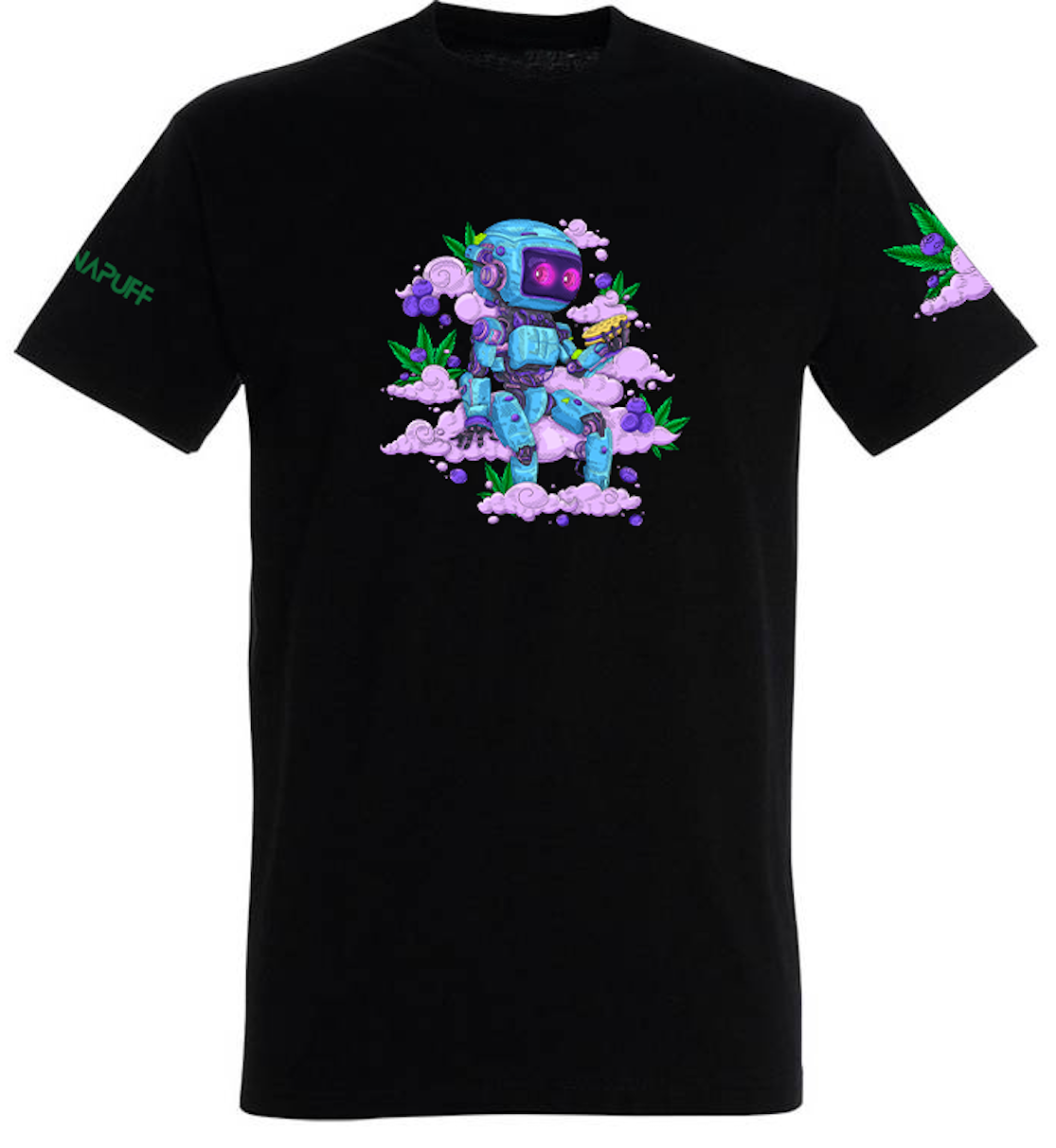 T-shirt Canapuff nera con un robot su nuvole rosa