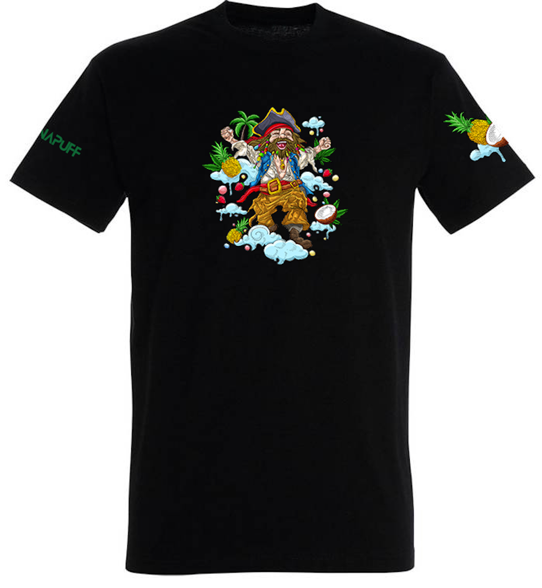 T-shirt Canapuff nera con un pirata dall’aspetto felice e dettagli tropicali