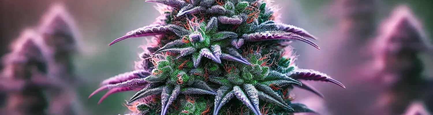 Purple Cookie Kush i all sin prakt: Livfulla lila och gröna buds täckta av frostiga trikomer, mot en drömlik, naturlig bakgrund. Den perfekta introduktionen till denna fantastiska Strain.