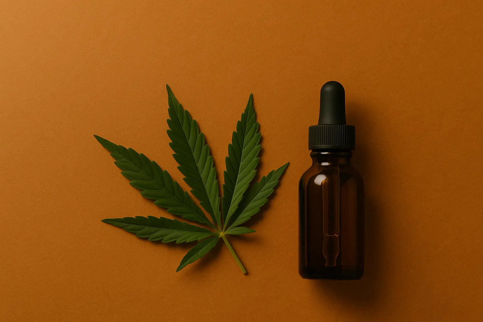 Cannabis leaf and amber dropper bottle on warm orange background