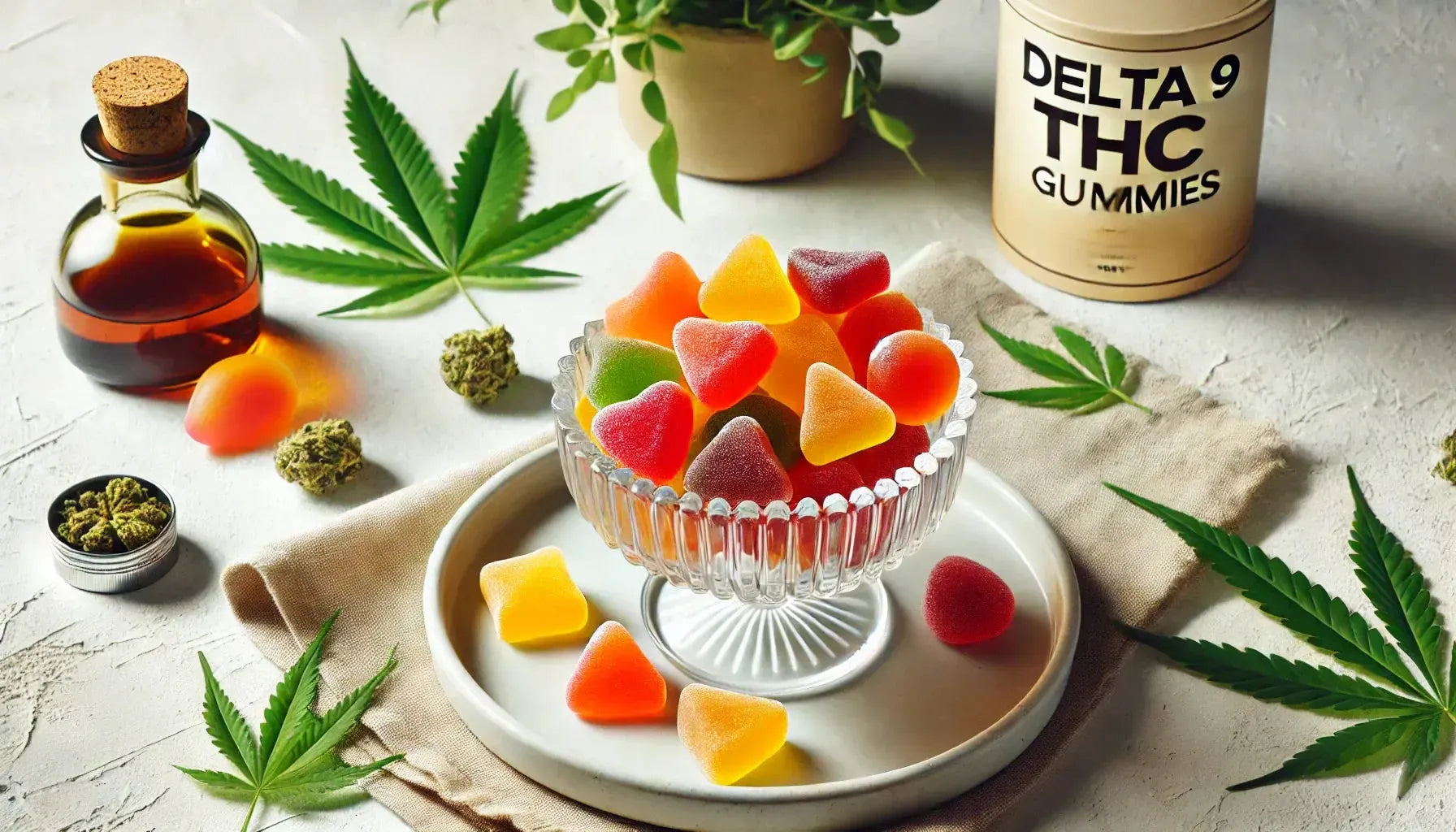 En glasskål fylld med färgglada Delta 9 THC Gummies i mango-, apelsin- och körsbärsnyanser, placerad på en ren vit bakgrund med diskreta cannabisbladdekorationer för ett fräscht och inbjudande utseende.
