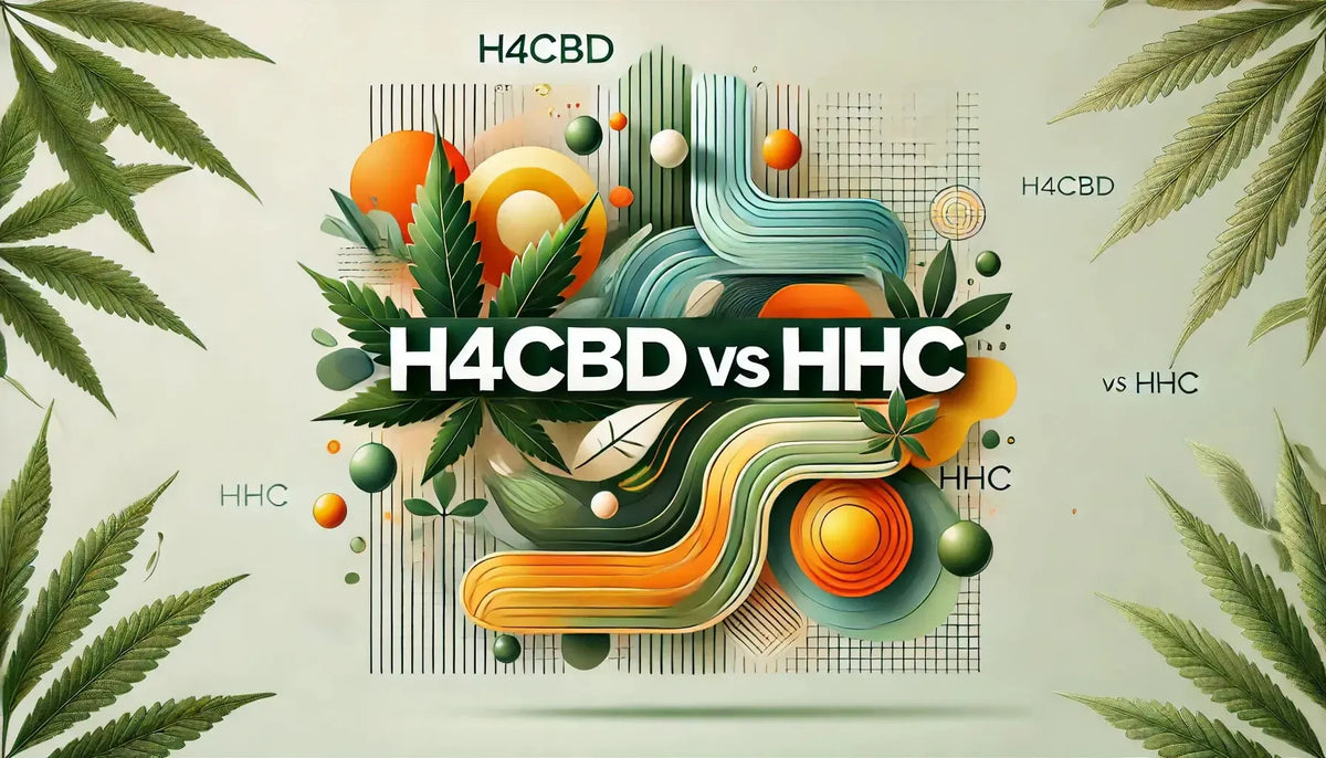 Εικόνα κεφαλίδας blog με τίτλο «H4CBD vs HHC», με αφηρημένα γραφικά σε πράσινους τόνους για το H4CBD και δυναμικούς πορτοκαλοκίτρινους τόνους για το HHC, που τονίζουν την αντίθεσή τους.