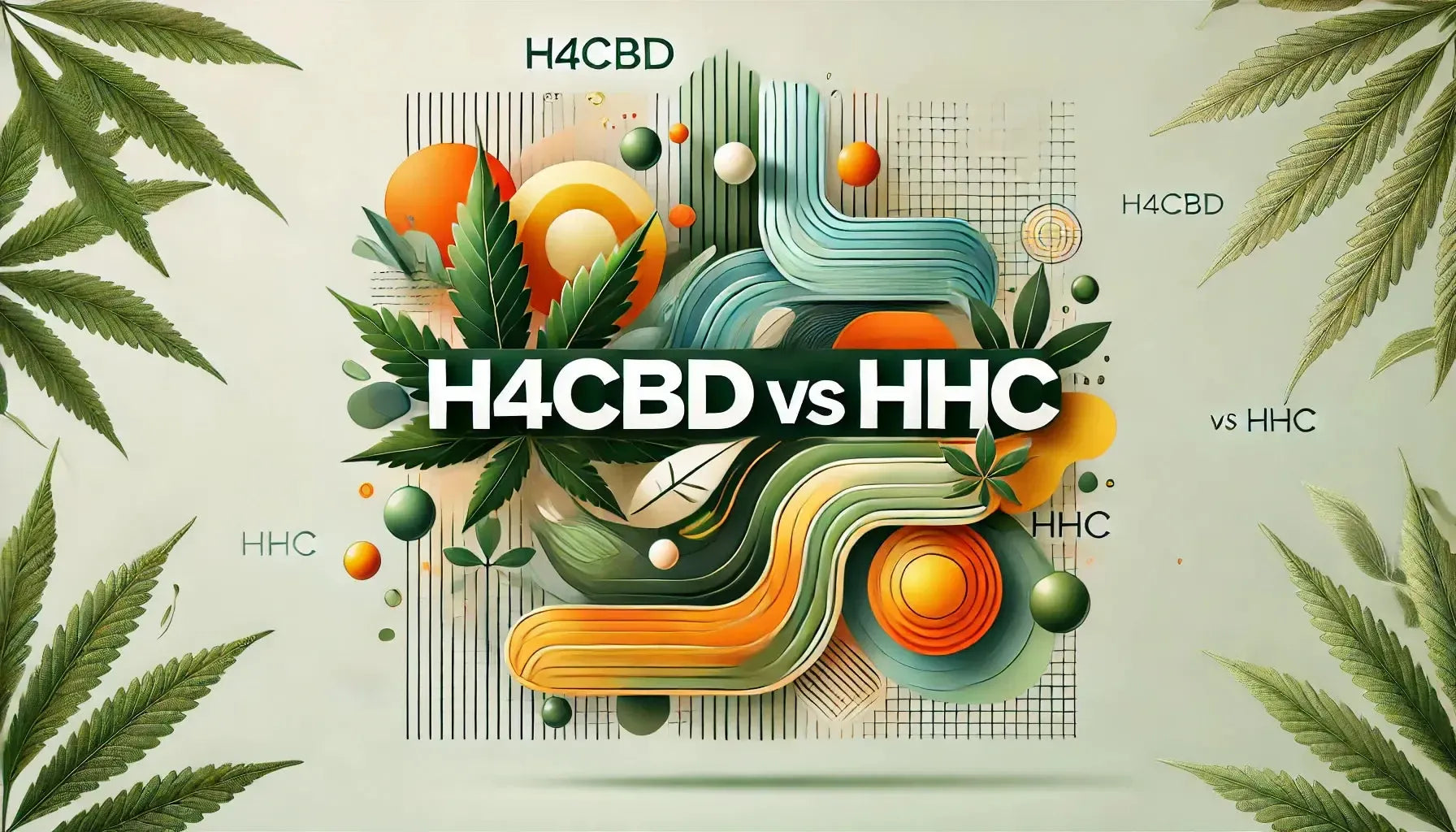 Bloggheaderbild med titeln ‘H4CBD vs HHC’, med abstrakta visuella element i gröna toner för H4CBD och dynamiska orange-gula toner för HHC, som framhäver deras kontrast.