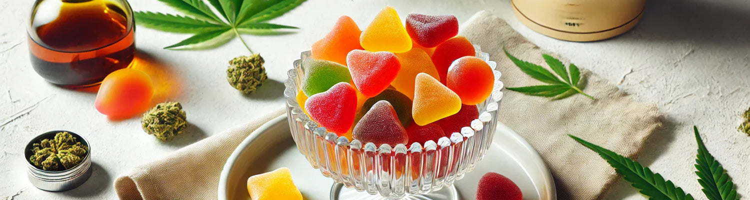 A glass bowl filled with colorful Delta 9 THC gummies in mango, orange, and cherry hues, placed on a clean white background with subtle cannabis leaf decorations for a fresh and inviting look.
