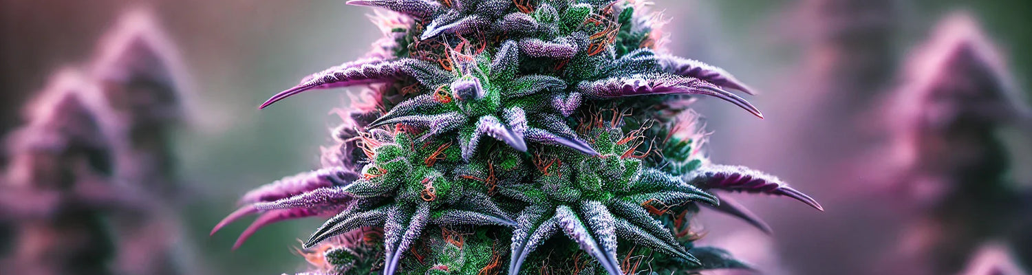 Purple Cookie Kush in all its glory: Vibrant purple and green buds dusted with frosty trichomes, set against a dreamy, natural backdrop. The perfect introduction to this stunning strain.