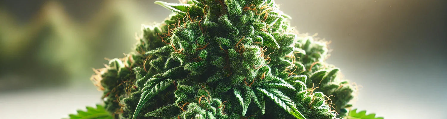 Fotorealistisches Bild von frischen Cannabisblüten mit natürlichem Licht und weicher Hintergrundunschärfe.