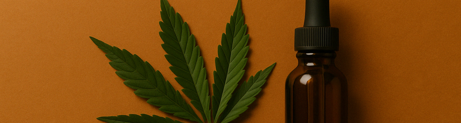 Cannabis leaf and amber dropper bottle on warm orange background