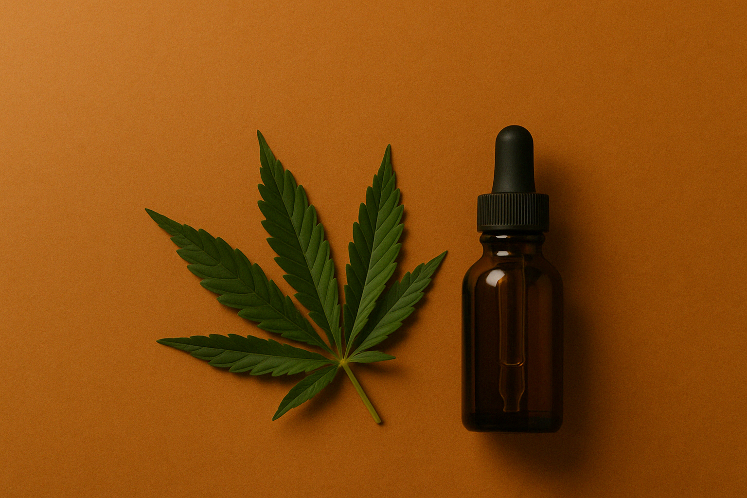 Cannabis leaf and amber dropper bottle on warm orange background