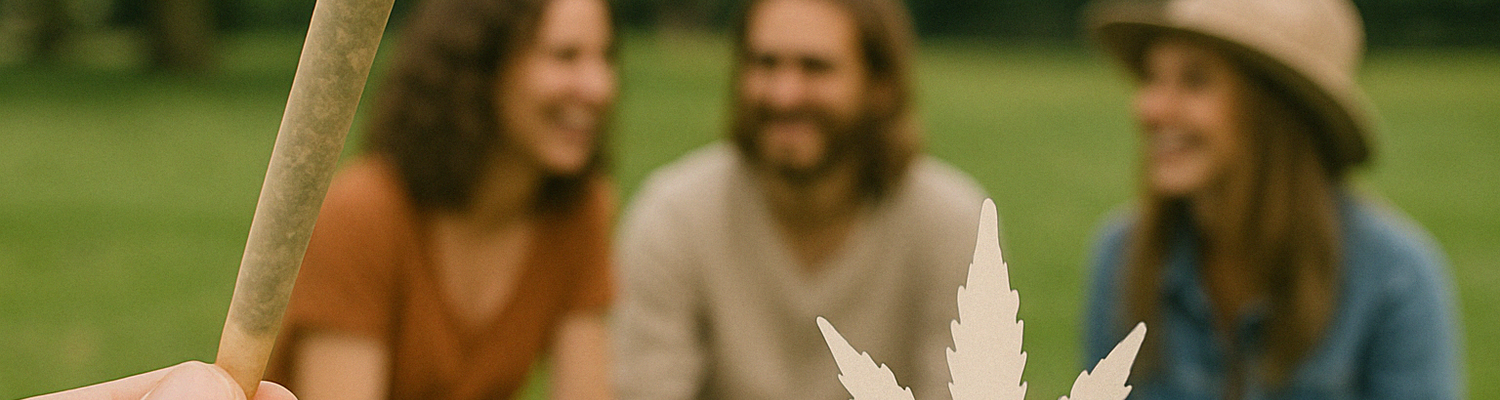 Hand holding a cannabis joint in front of a group of friends sitting on grass in a park