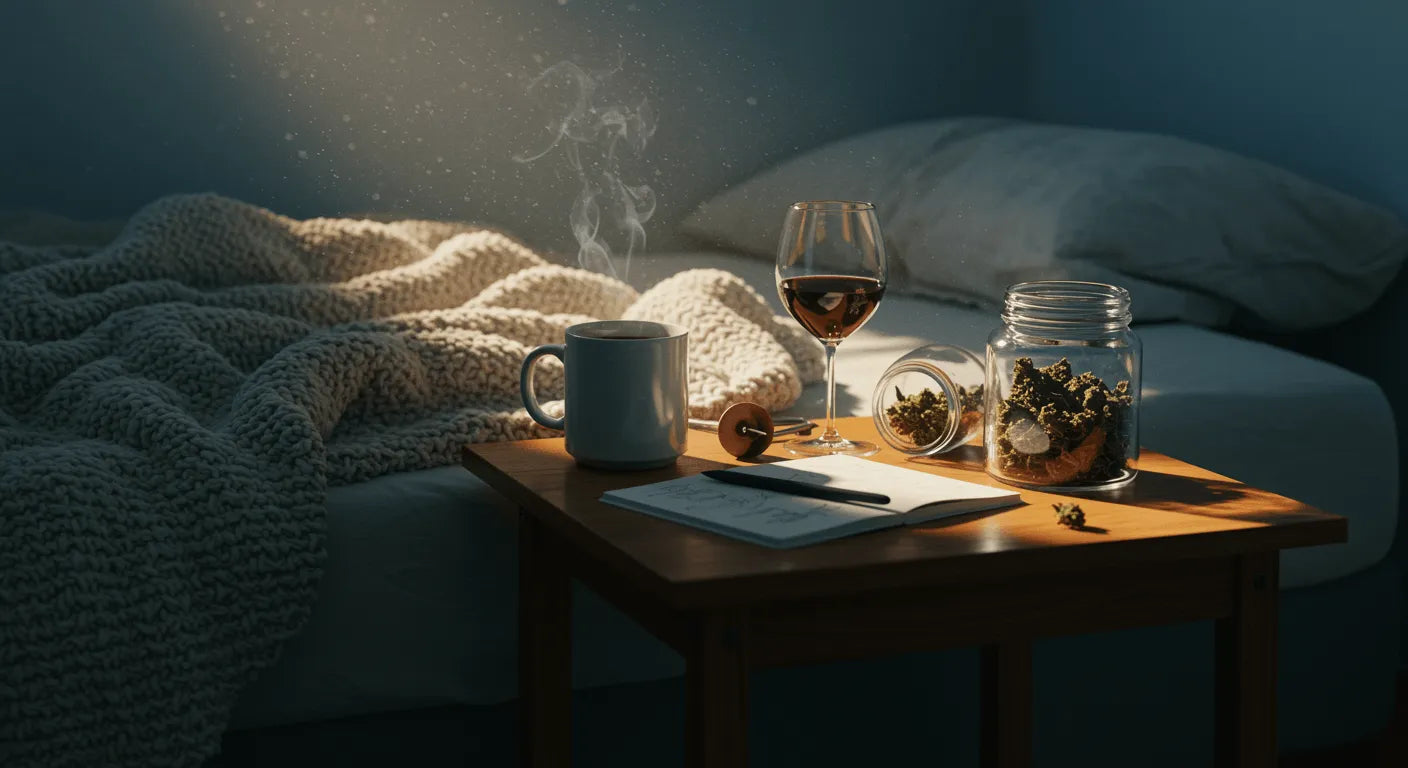 Sunlit bedroom at dawn with a rumpled knitted blanket on the bed and a wooden table holding a steaming coffee mug, a half-full wine glass, an open notebook, and a glass jar of cannabis buds.