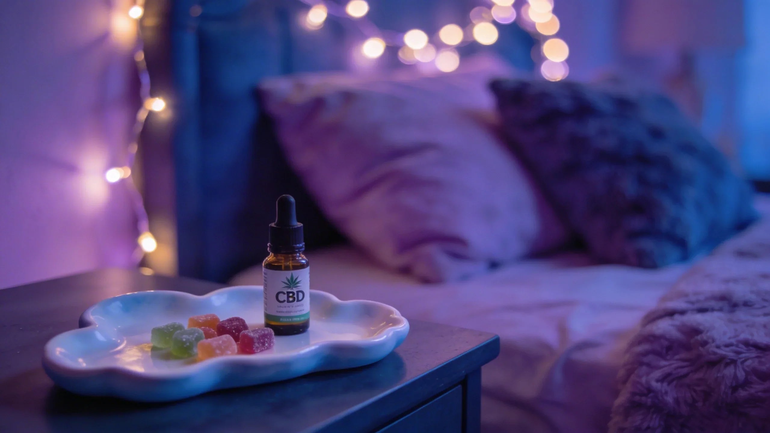 CBD oil bottle and colorful gummies on a cloud-shaped tray on a nightstand in a dreamy purple-lit bedroom with fairy lights