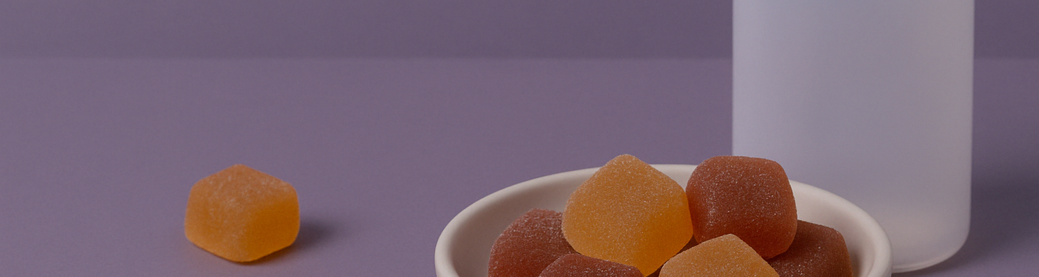 CBD and CBN melatonin gummies in a bowl with bottle on purple background
