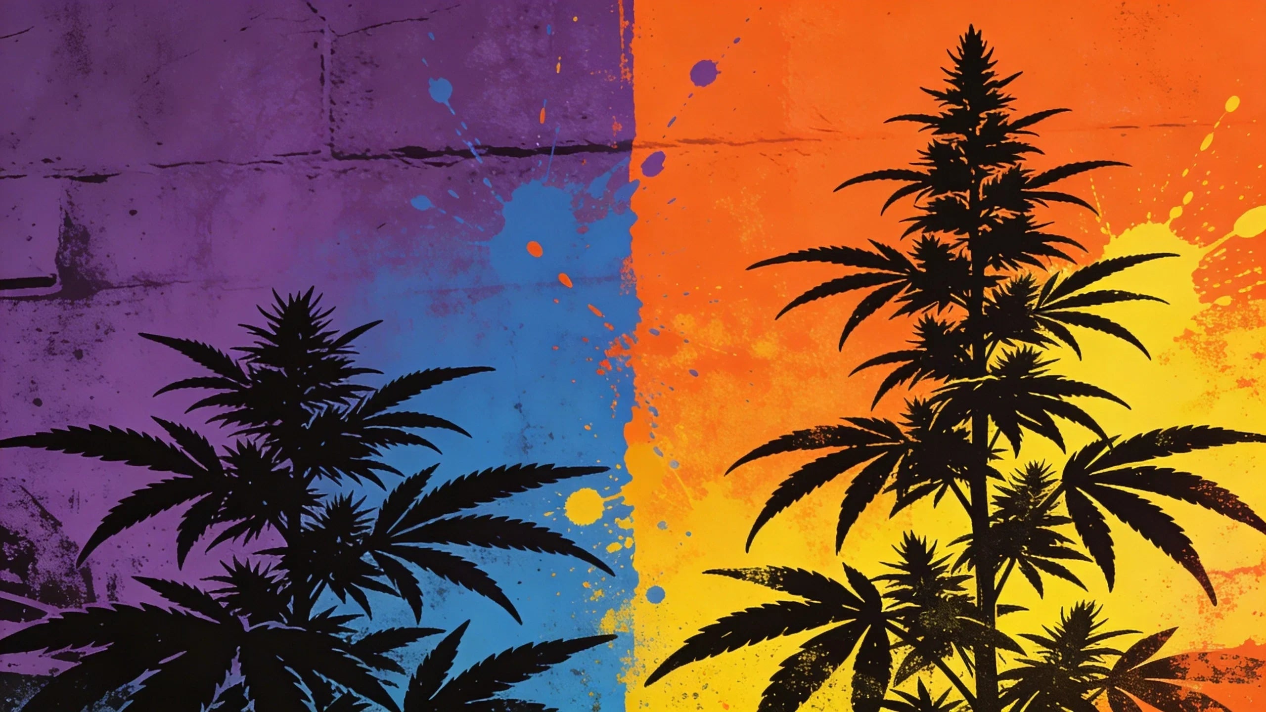 Indica vs sativa visual comparison — short bushy indica plant silhouette on purple background versus tall sativa on orange background in street art style