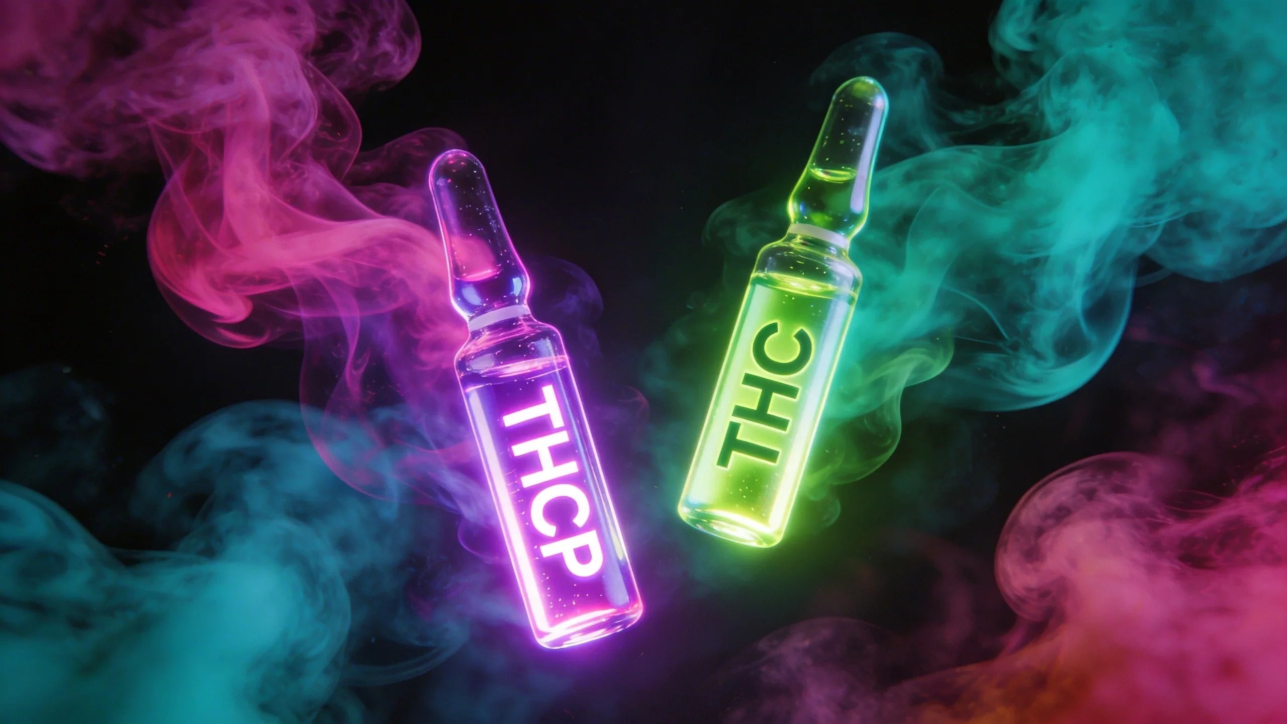 THCP vs THC comparison — two neon-lit vials showing the potency difference between THCP and THC cannabinoids