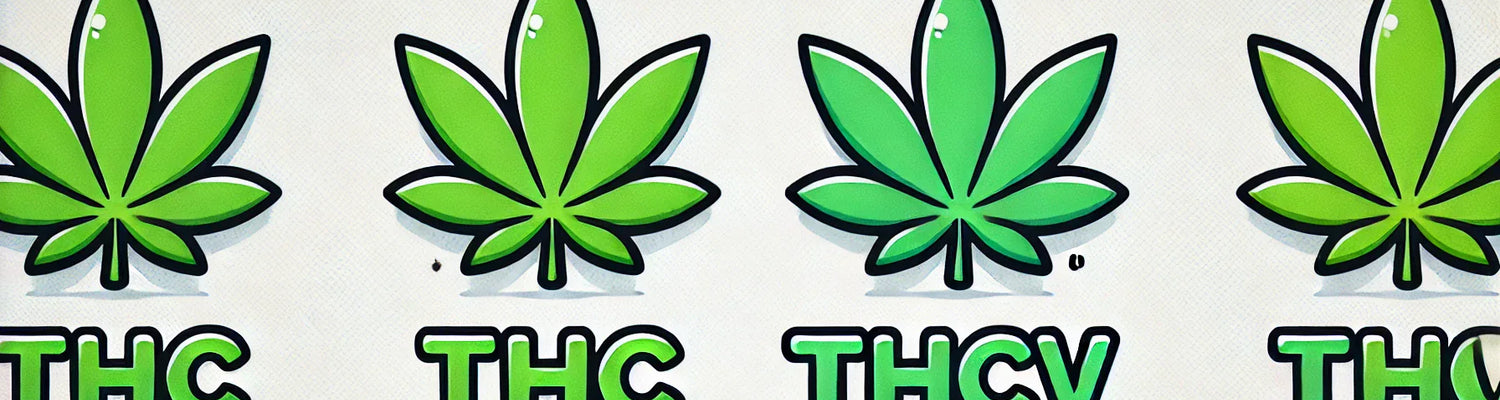 “THC vs THCV” lettering with cannabis leaves in comic style.