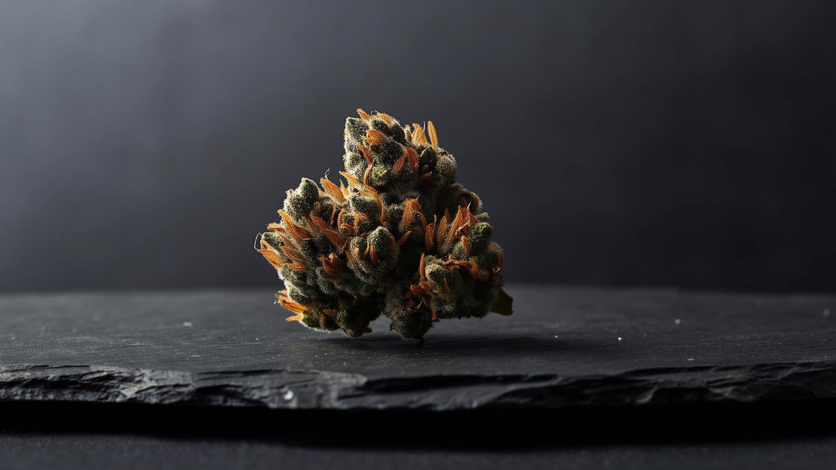 Close-up of a dense dried cannabis bud with orange pistils on a dark slate surface.