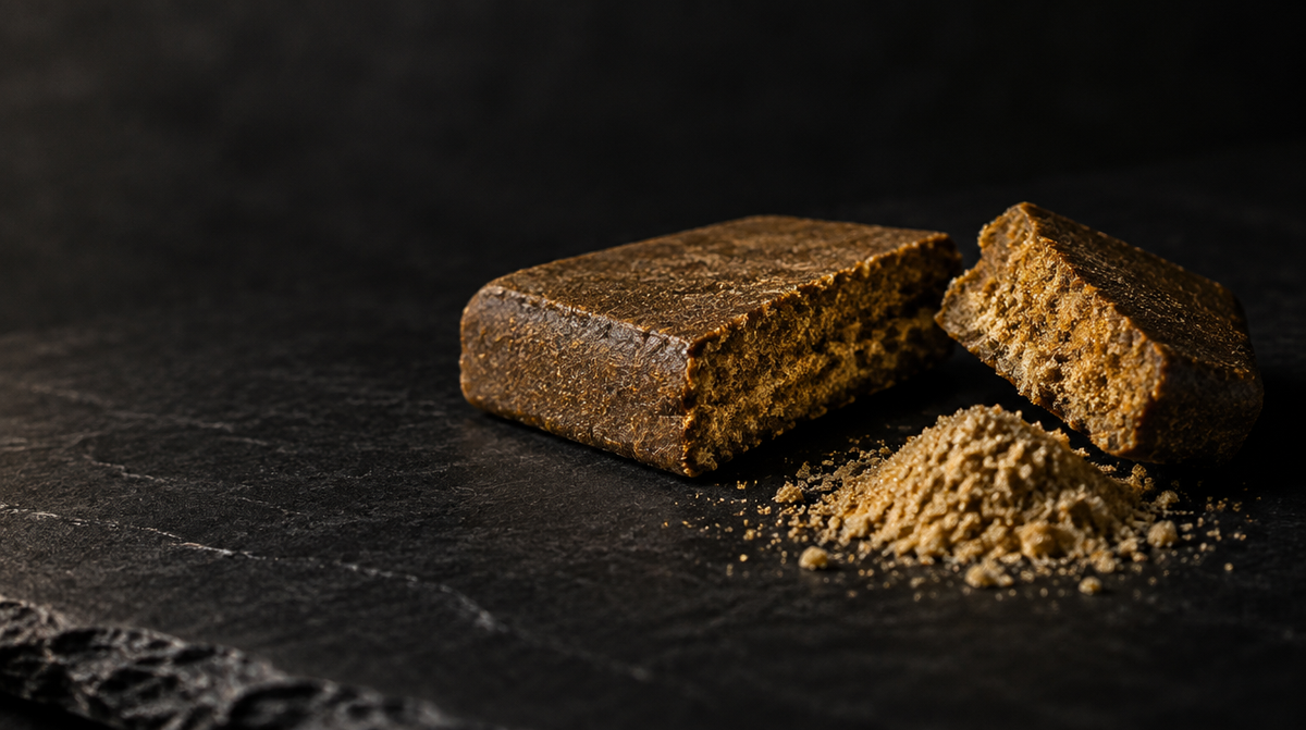 Broken slab of golden-brown pressed THCA hash on dark slate, with a small pile of trichome sift powder beside it