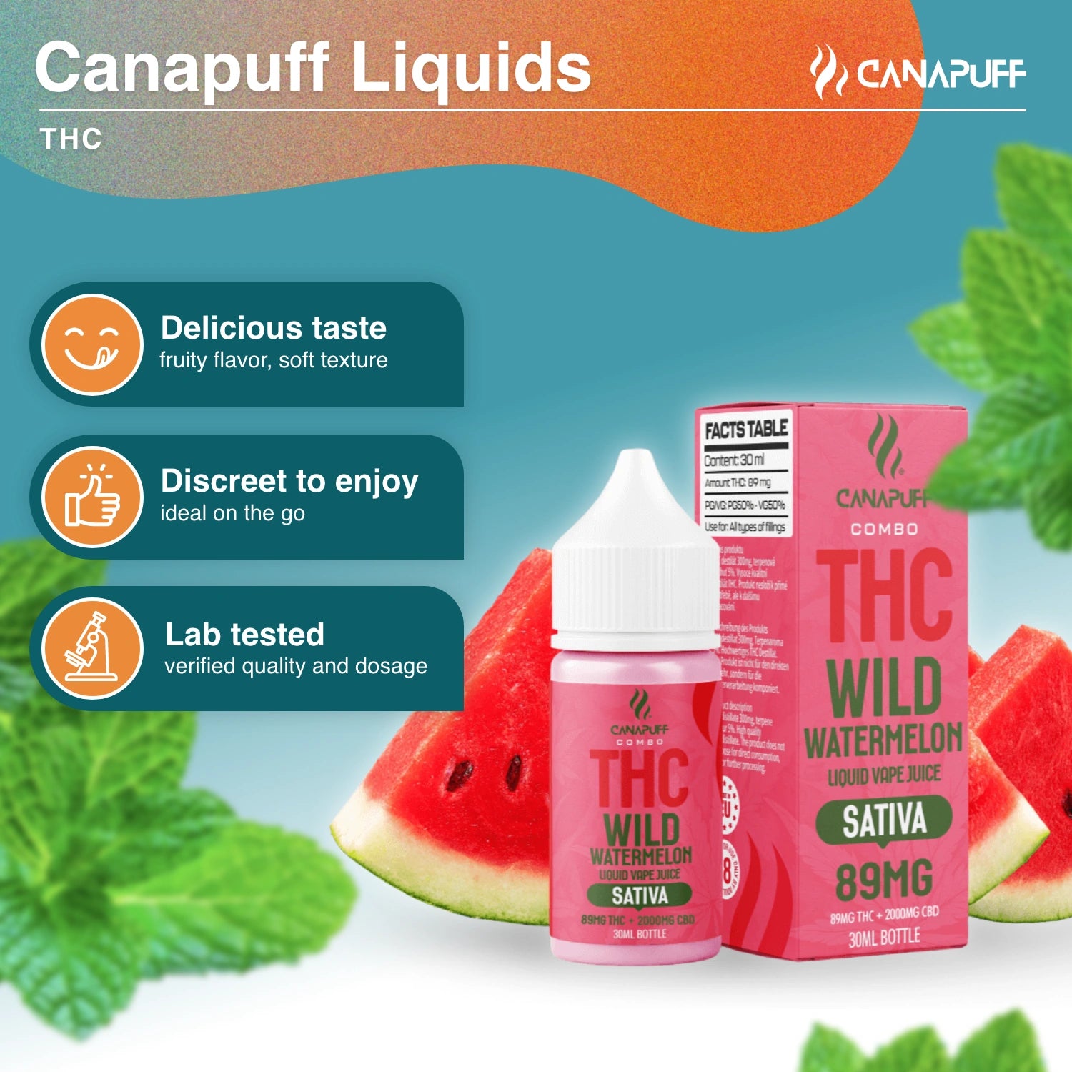 THC Liquid 89mg THC/2000mg CBD - Wild Watermelon - 30ml - Canapuff