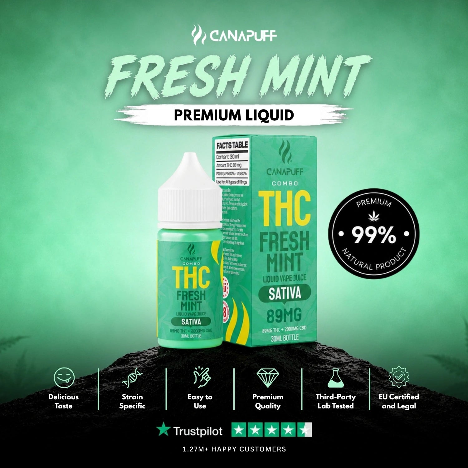 THC Liquid 89mg 2000mg CBD Fresh Mint 30ml