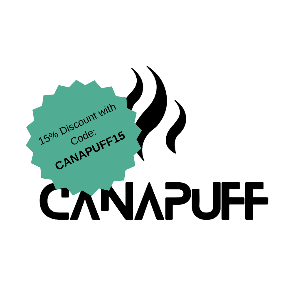 CANAPUFF logo with 15% discount promo badge