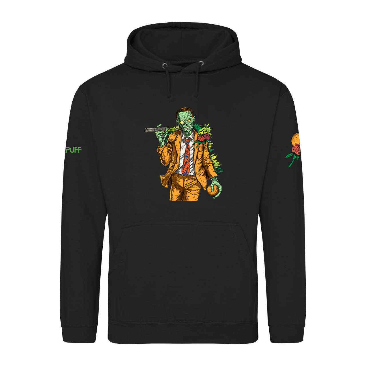 Black hoodie with zombie holding a gun