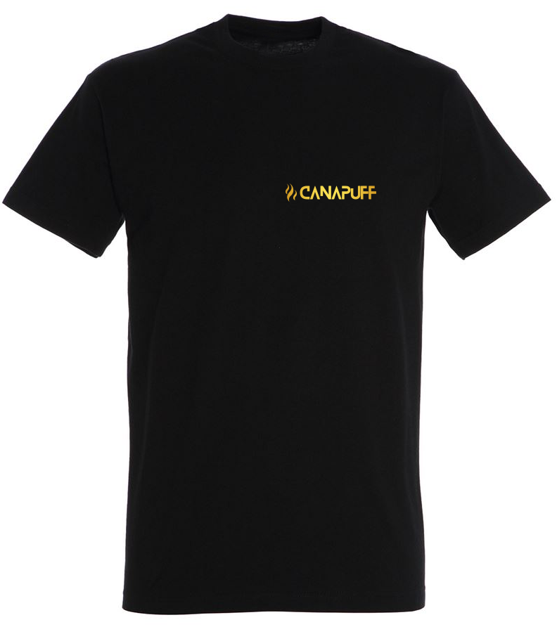 Canapuff T shirt in Black merch with small gold text "canapuff"