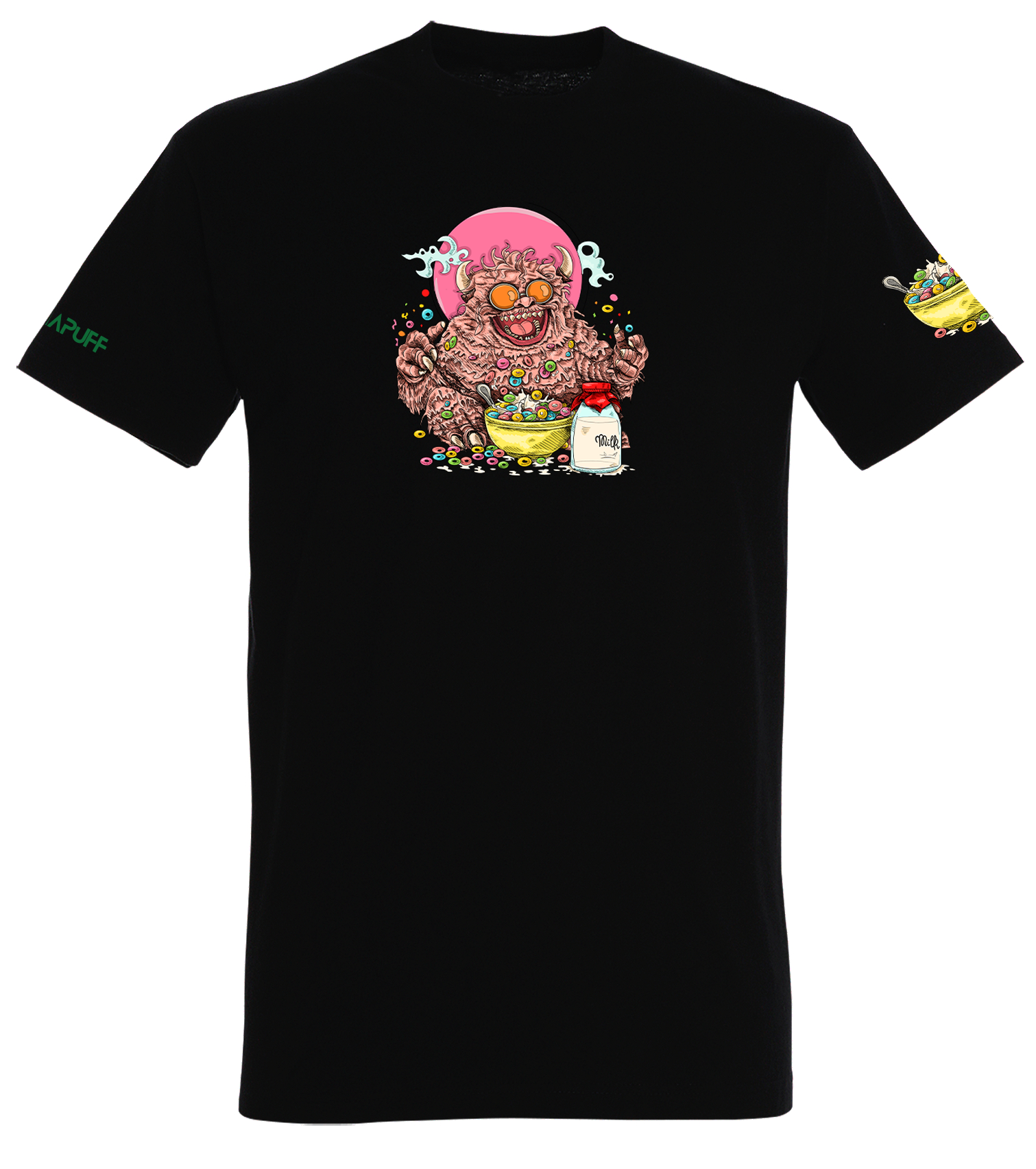 Canapuff T-Shirt in Black with a Monster on it Cartoon Design