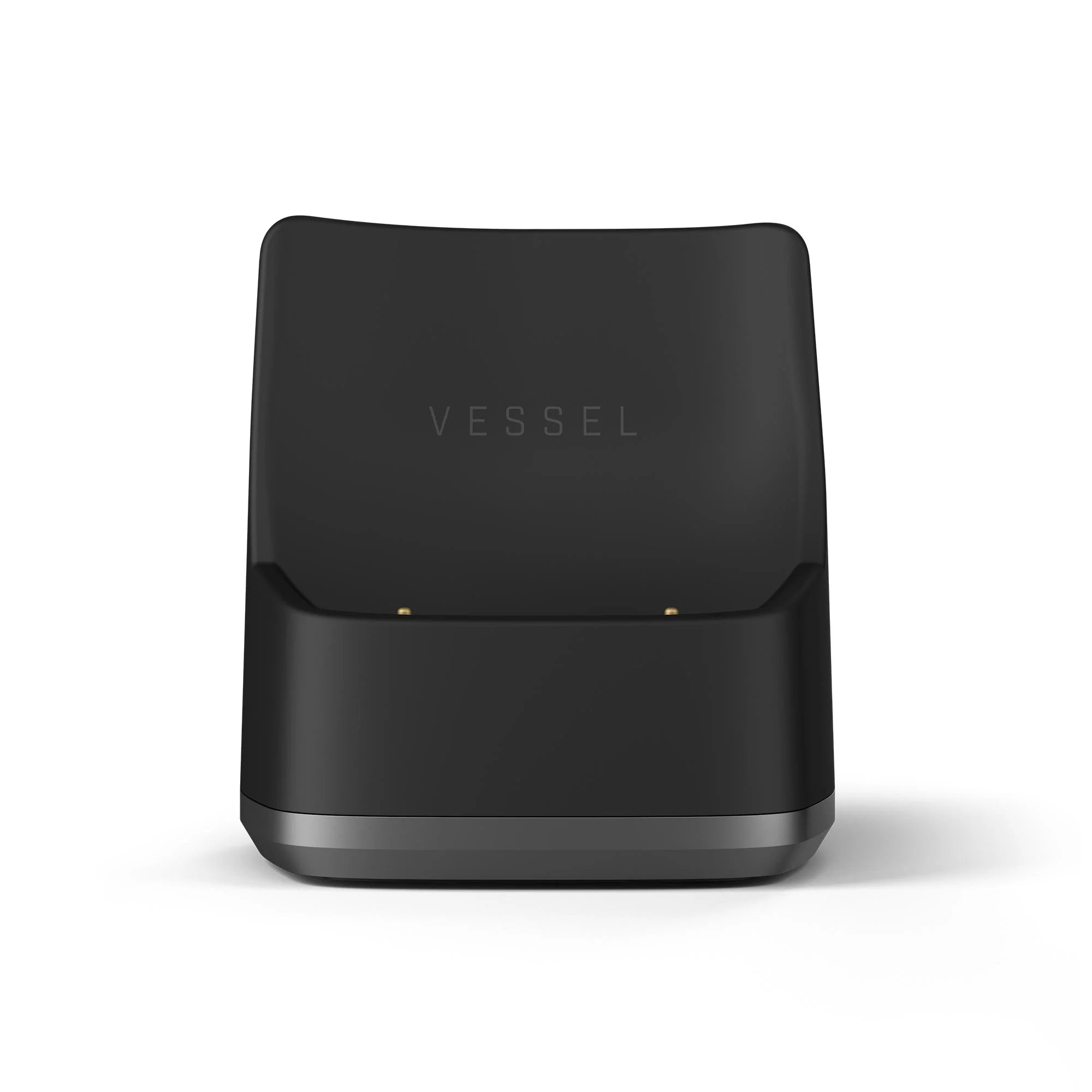 Front view of black vaporizer charger dock
